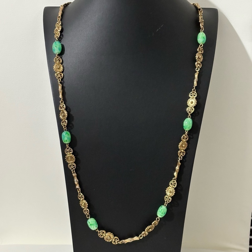 Vintage brass gold-tone acrylic marble beaded long necklace